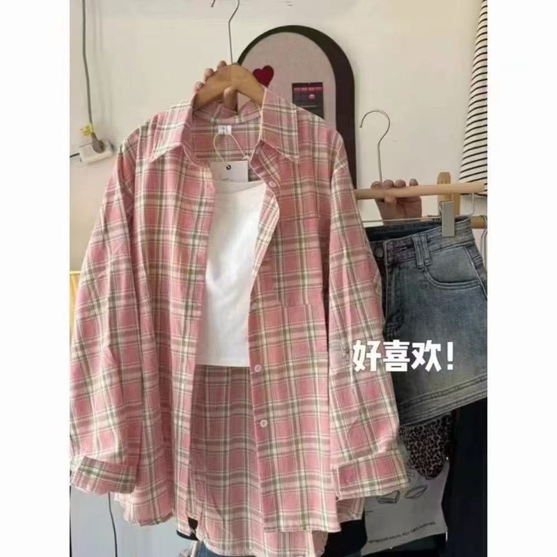 ブルーチェック柄シャツレディースレイジースタイル初春カジュアルカバーアップシャツゆったり万能日焼け止め長袖トレンド|undefined