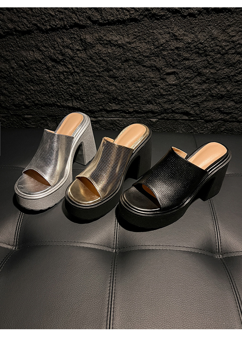 Sandal cao gót nữ hở mũi quai ngang đế xuồng gót vuông 9 cm — màu đen, màu vàng, bạc chi tiết 17