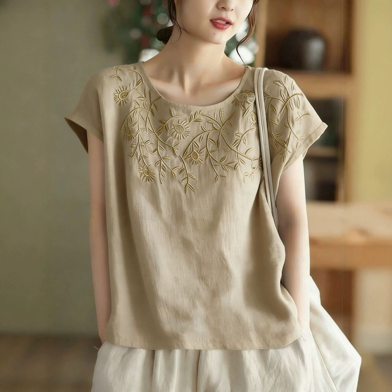 2026 Summer New Vintage Heavy Embroidery T-Shirt for Women, Pure Cotton and Linen Shirt, Elegant Thin Pullover Top 2026 Summer New Vintage Heavy Embroidery T-Shirt for Women, Pure Cotton and Linen Shirt, Elegant Thin Pullover Top