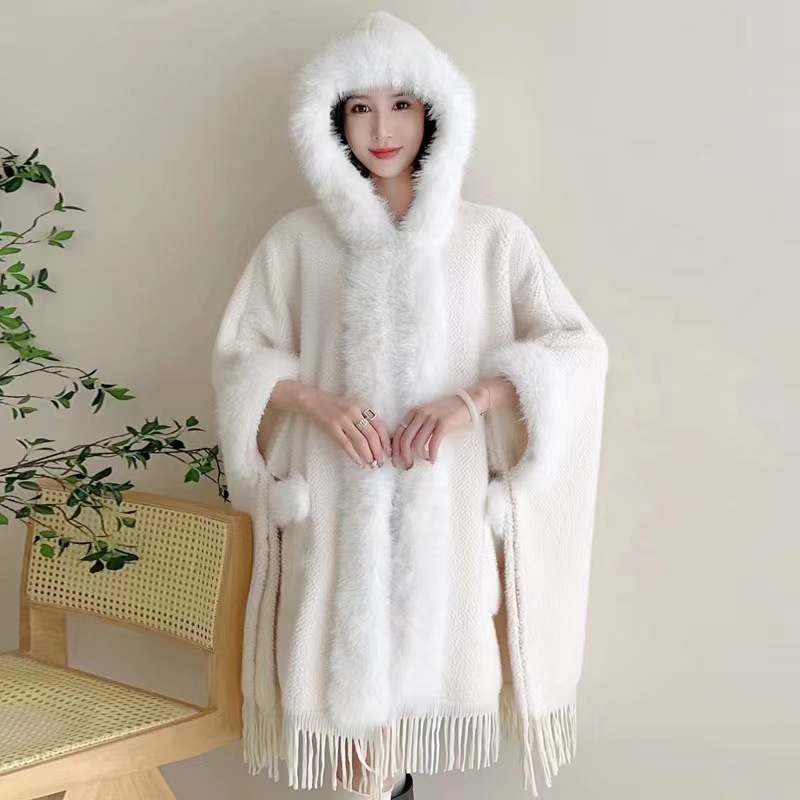 Extra Fleece, extra dicker Wollkragen, Kapuzentasche, Schal, Umhang, lockere Strickjacke, großer Wollmantel für Damen_voghion.com