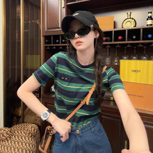 MM蓝绿色宽条纹撞色圆领T恤女提花字母25夏季宽松简约百搭潮短袖