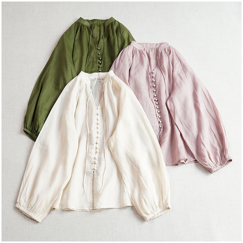 Summer All-match Thin Mushroom Buckle Long-sleeved Sunscreen Shirt Artistic Retro Tether Single-breasted Ramie Shirt