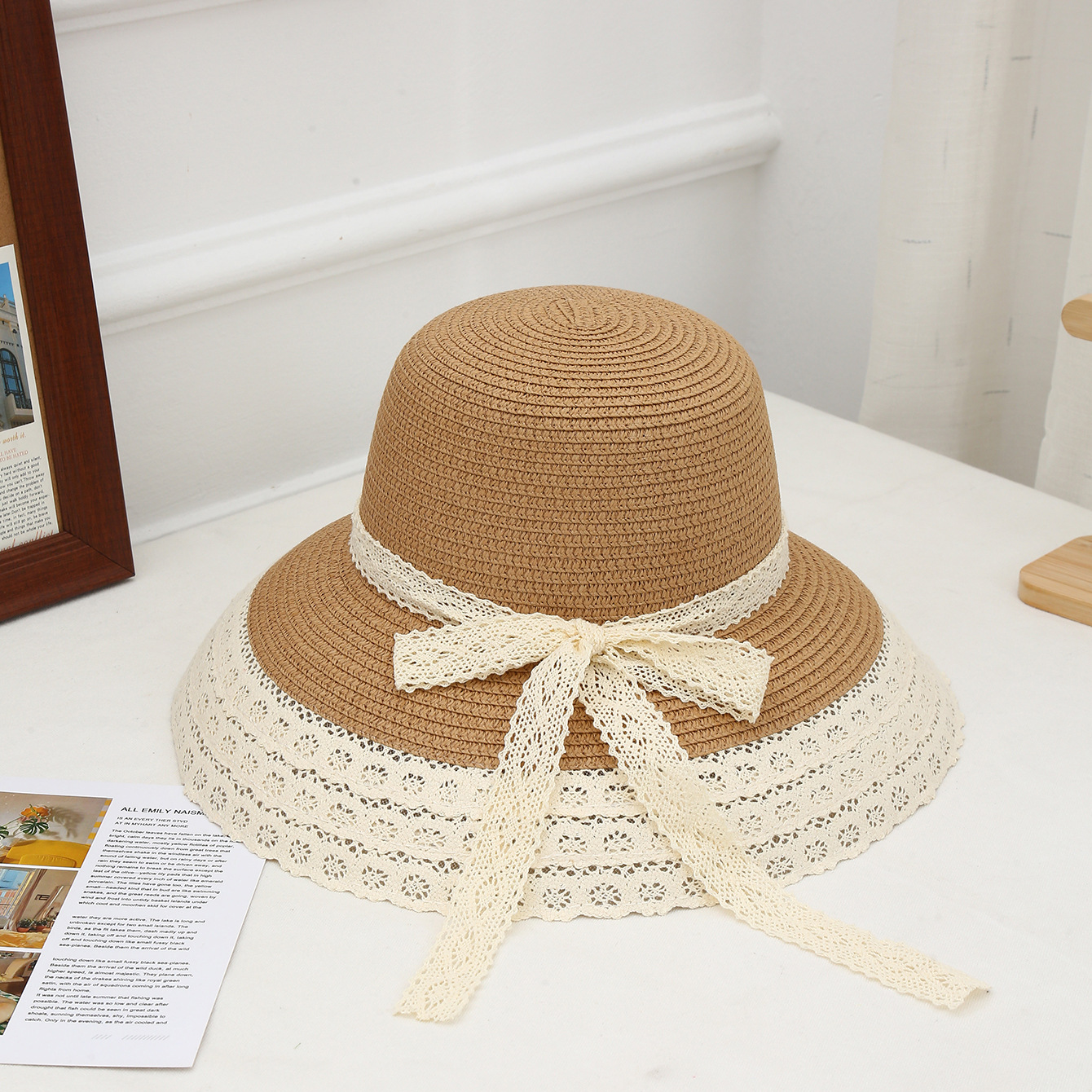 Sombrero de paja con lazo – estilo veraniego, ala ancha, para playa o vacaciones al aire libre