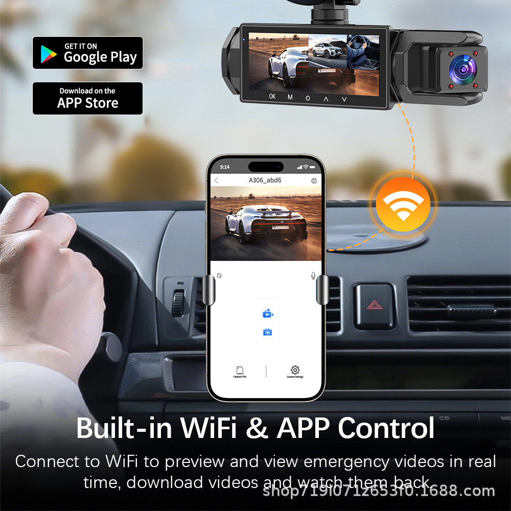 Three-camera dashcam 1080P HD front and rear interior night vision WiFi mobile phone connection loop recording