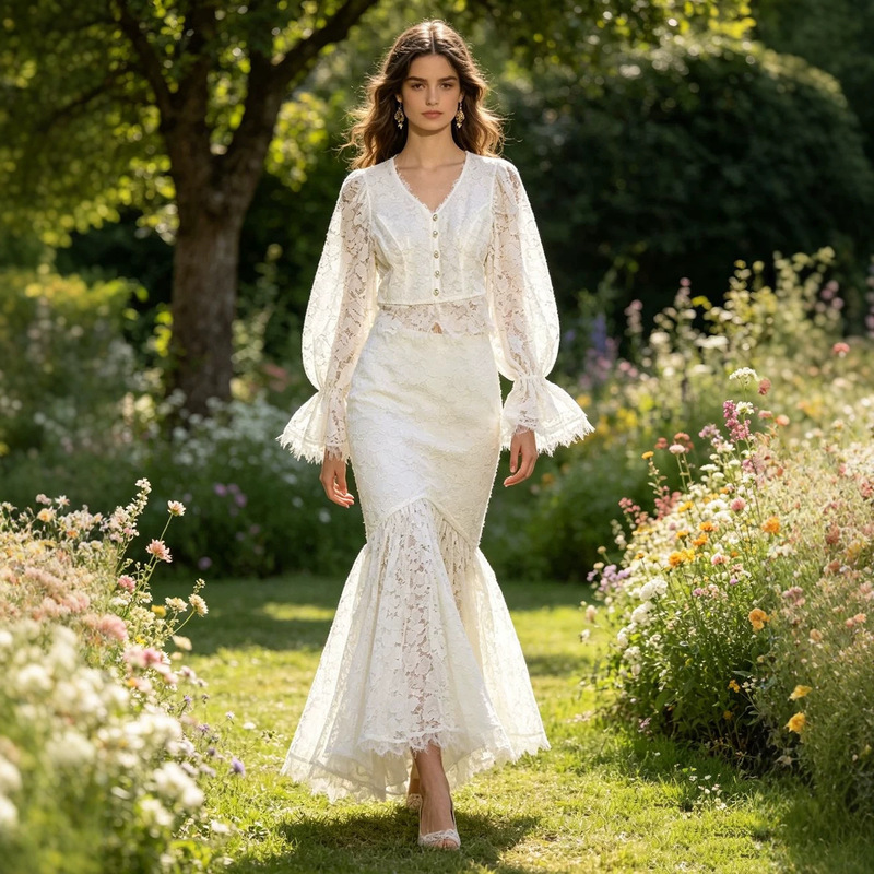 2026 Spring and Autumn New Style Single-Breasted Top + Fishtail Skirt French Style Heavy Lace Hollow Out Dress Set 2026 Spring and Autumn New Style Single-Breasted Top + Fishtail Skirt French Style Heavy Lace Hollow Out Dress Set