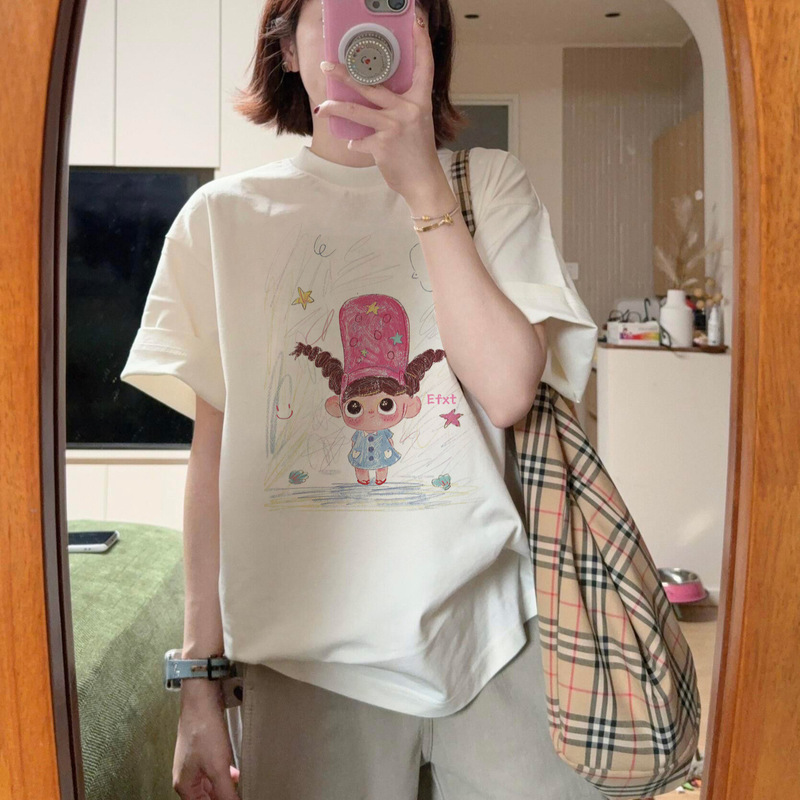White Pure Cotton Short-Sleeve T-Shirt for Women, 2026 New Style, Plus Size, Cartoon Print, Loose Casual Style Half-Sleeve Top White Pure Cotton Short-Sleeve T-Shirt for Women, 2026 New Style, Plus Size, Cartoon Print, Loose Casual Style Half-Sleeve Top
