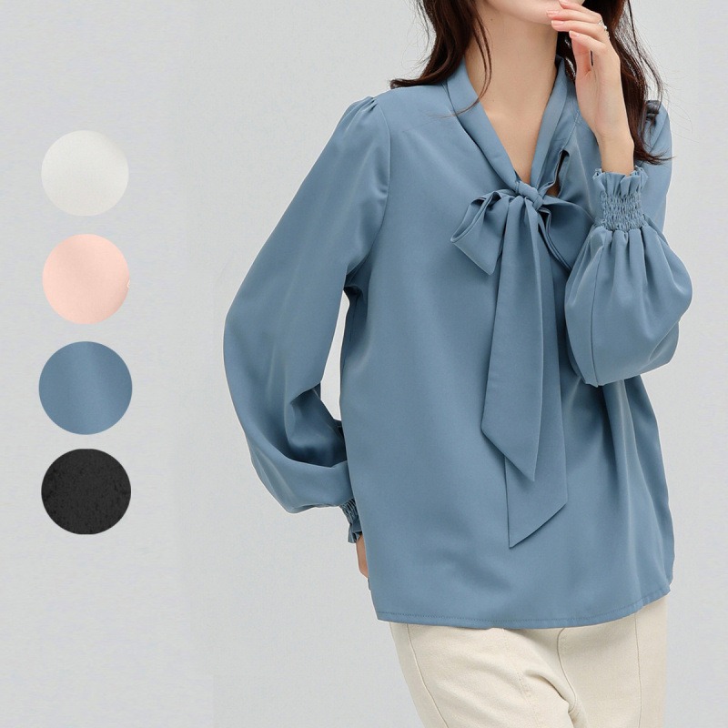 Real Shot, in Stock, New Model, 2025 Japanese and Korean Autumn Solid Color Loose Lace-Up Shirt with Lantern Sleeves for Women