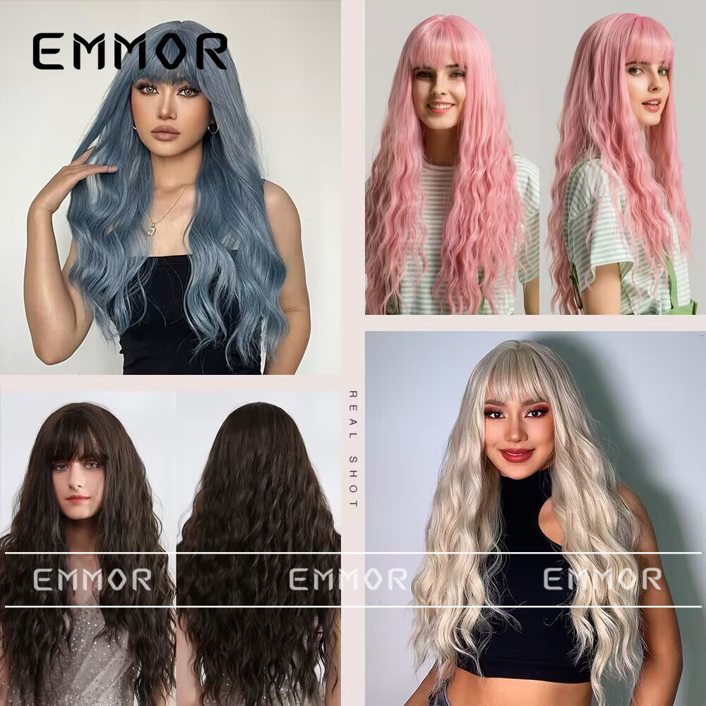 2022 Peluca de las mujeres multicolor Red de pelo largo rojo rollo de la onda de aire Bangs cubierta de la cabeza completa peluca europea y americana