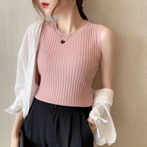 Summer women's outerwear, ice silk pure color knit crew neck sleeveless top, base layer, slimming and versatile