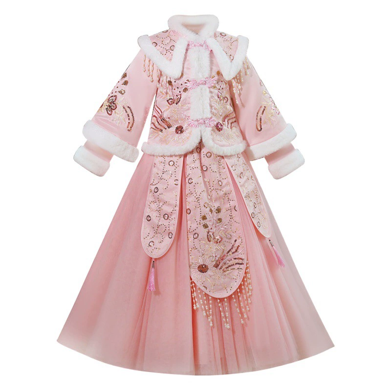 Новогодний наряд для девочек, зимний стиль, детский ханьфу, новогодняя одежда, древний костюм для маленьких девочек, костюм в стиле Тан, праздничный новогодний наряд 2025 года.