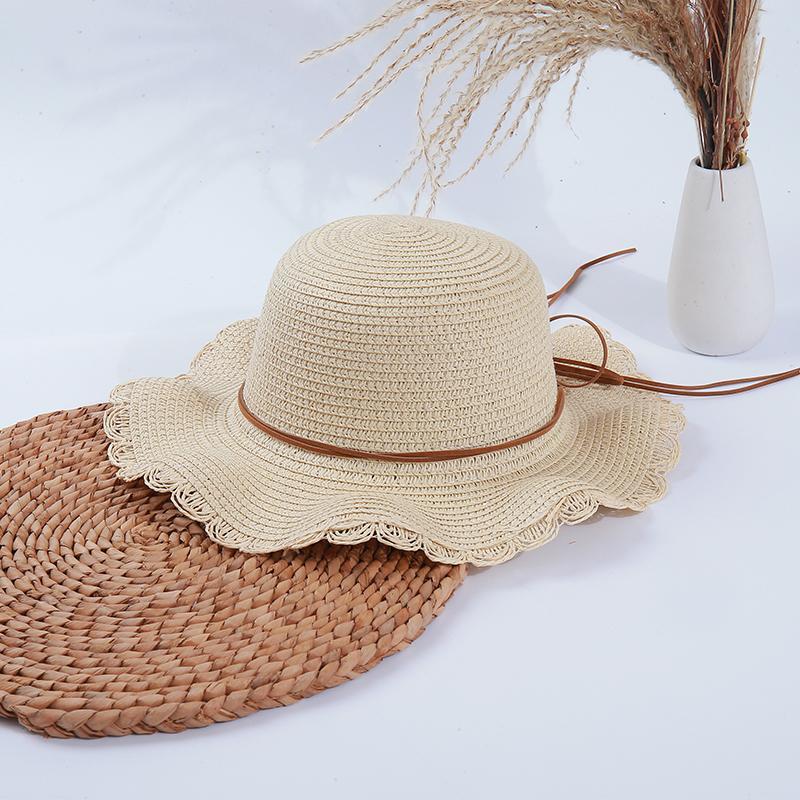儿童草帽花边波浪棕色绑带防晒帽子夏季女童遮阳帽海边宝宝沙滩帽