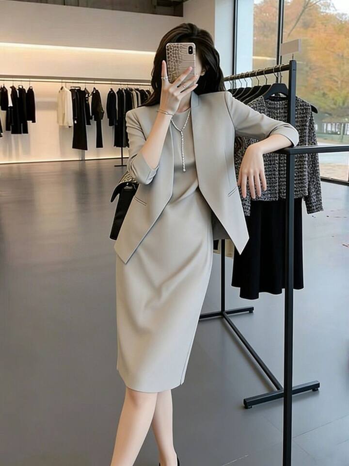 Bộ vest nữ cao cấp gồm áo vest và đầm liền thân hai mảnh, tay lửng, cổ vest, váy midi dáng đứng — Màu xám nhạt chi tiết 7