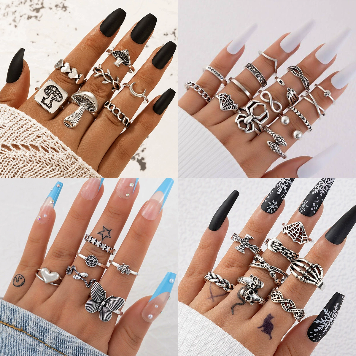 Ring Set, Retro Ethnic Style, 7-Piece European-Inspired Silver-Tone Stackable Rings
