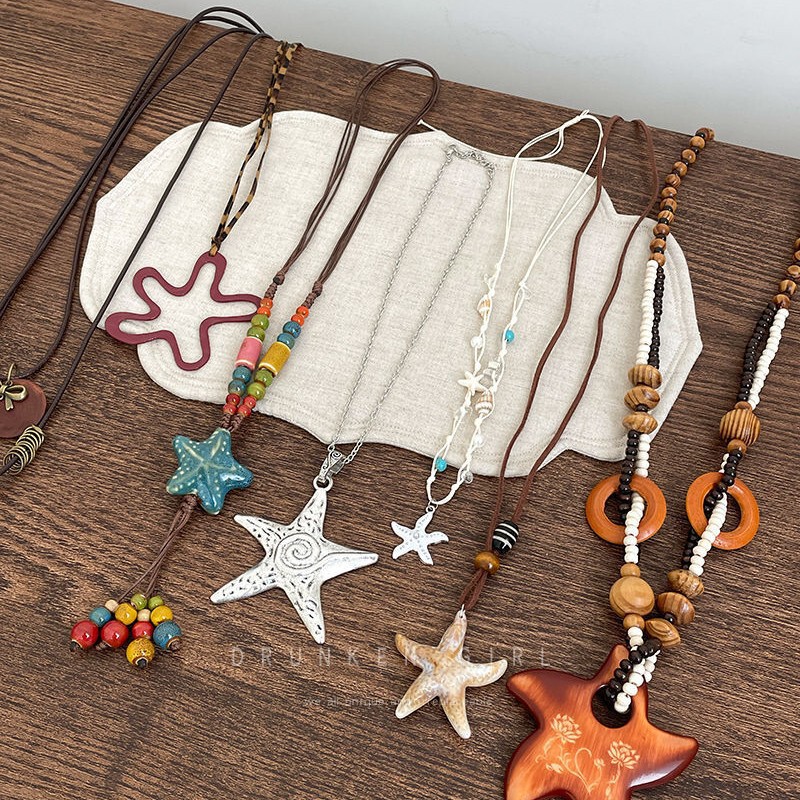 Bohemian Ethnic Style Long Starfish Wooden Necklace Fashionable High-Value Holiday Style Layered Sweater Chain Necklace