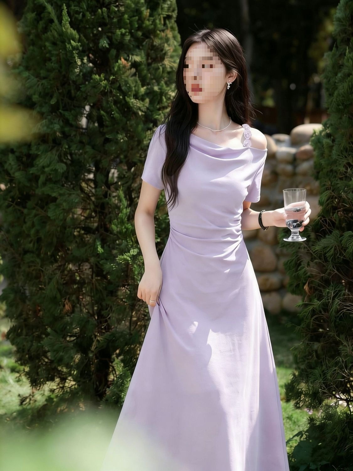 Váy đầm maxi nữ thắt eo thiết kế một chữ vai kiểu Pháp thuần màu — xanh lam, màu tím chi tiết 12