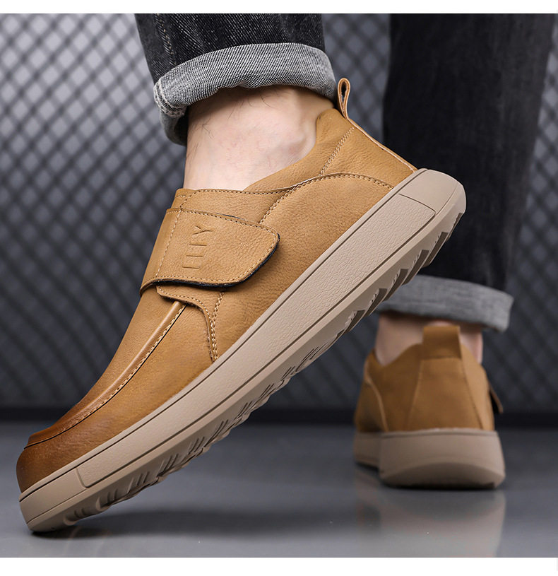 Giày lười nam da PU kiểu retro, quai dán Velcro, form rộng thoải mái, đế cao su êm chân — Màu đen, màu vàng chi tiết 17