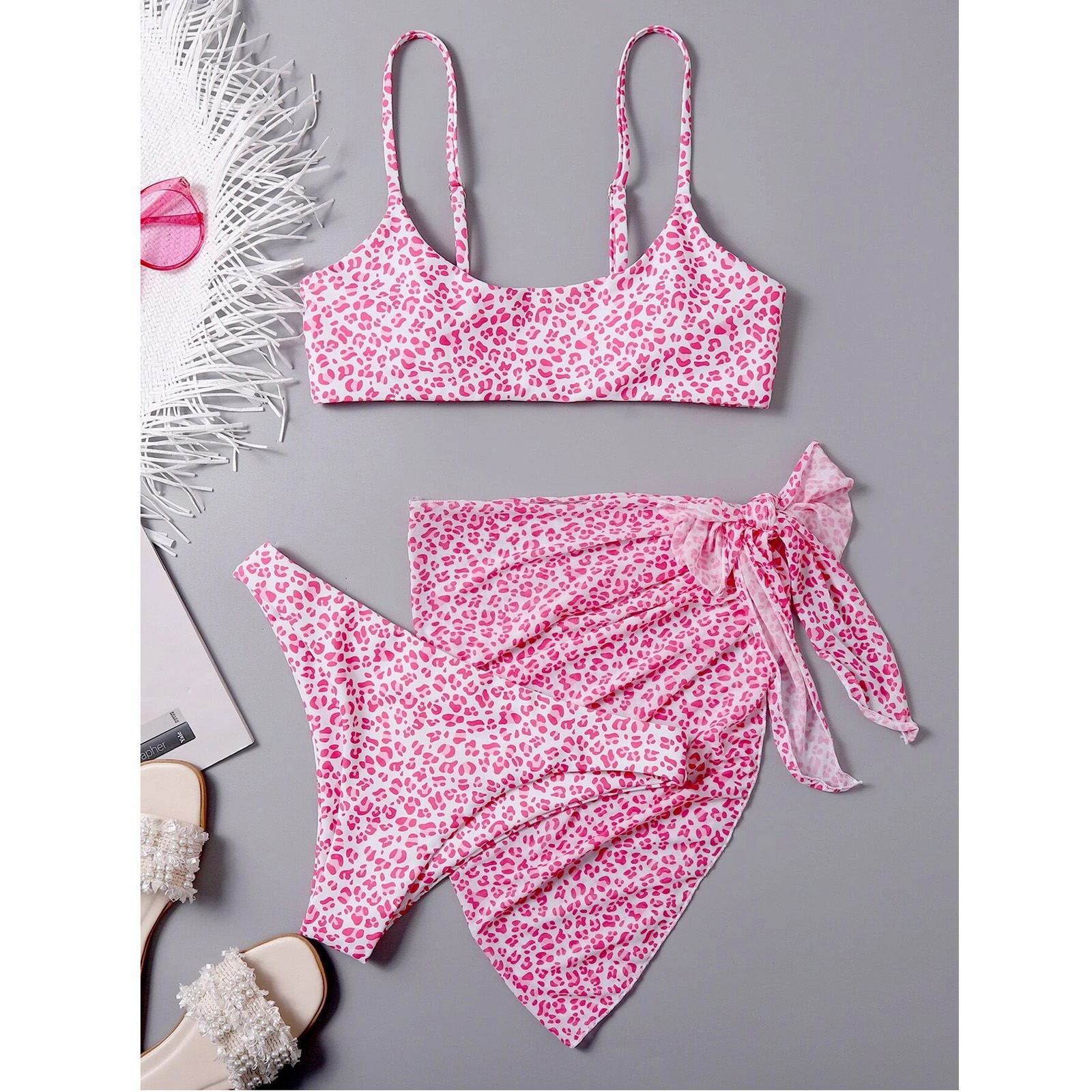 Pink leopard printed cami swimsuit three piece set NSHL48207