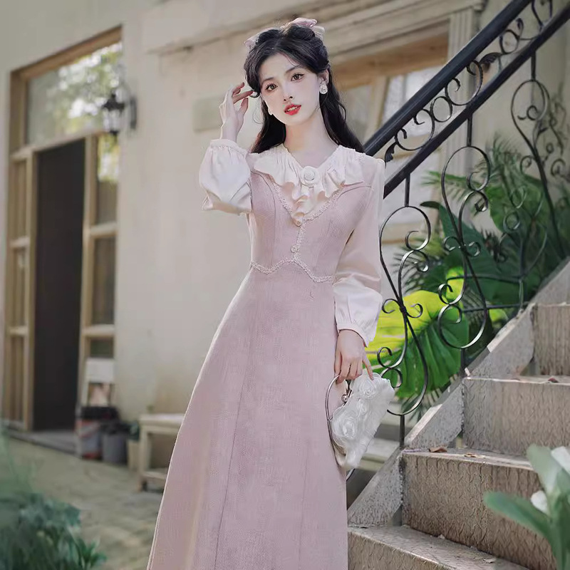 French camellia autumn long sleeve temperament pink dress gentle wind sweet white moonlight long skirt foreign trade wholesale