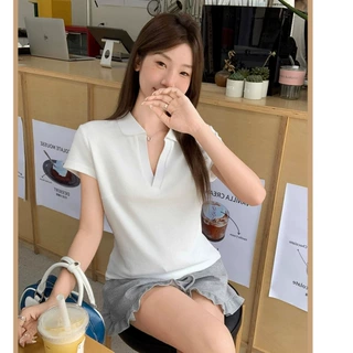 纯欲藏青色polo衫短袖T恤女2025夏季新款宽松显瘦运动感上衣