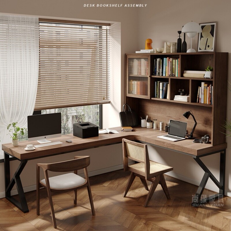 Solid Wood Corner Desk Bookcase Household Corner Double Office Desk Study Wall L-shaped Computer Desk Integrated Bookshelf