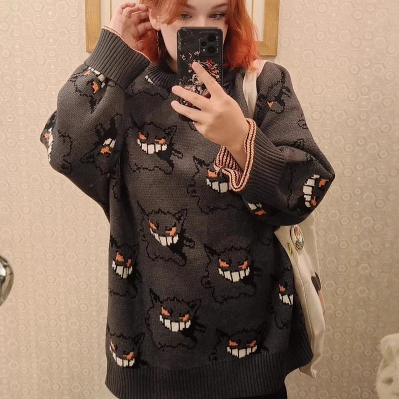 Fashionable Brand Cartoon Full of Little Devil Dinosaur Jacquard Lazy Style Knitwear Couple National Trend Hip-hop Retro Pullover Knitwear