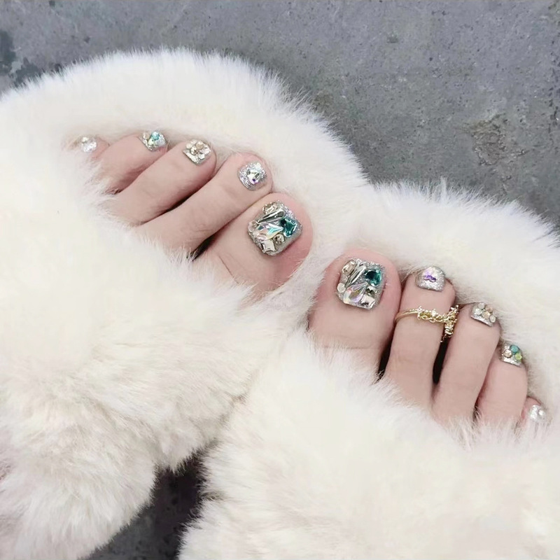 J42-color spell drill wear toe nail tablet glitter rhinestone foot nail patch manual phototherapy fake toenail patch