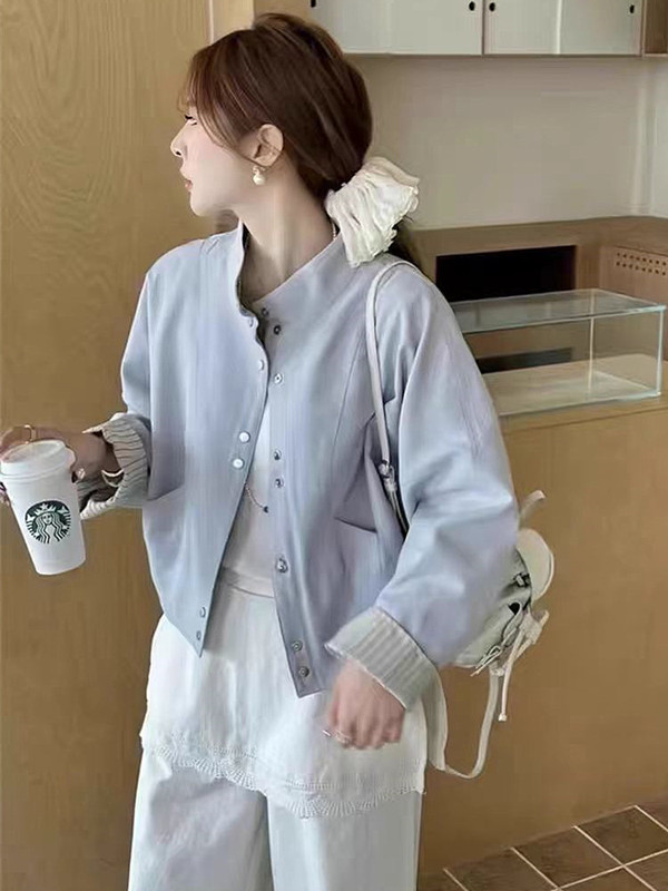欧货条纹拼接袖立领短外套女2025开春女装小个子休闲时尚减龄上衣|undefined