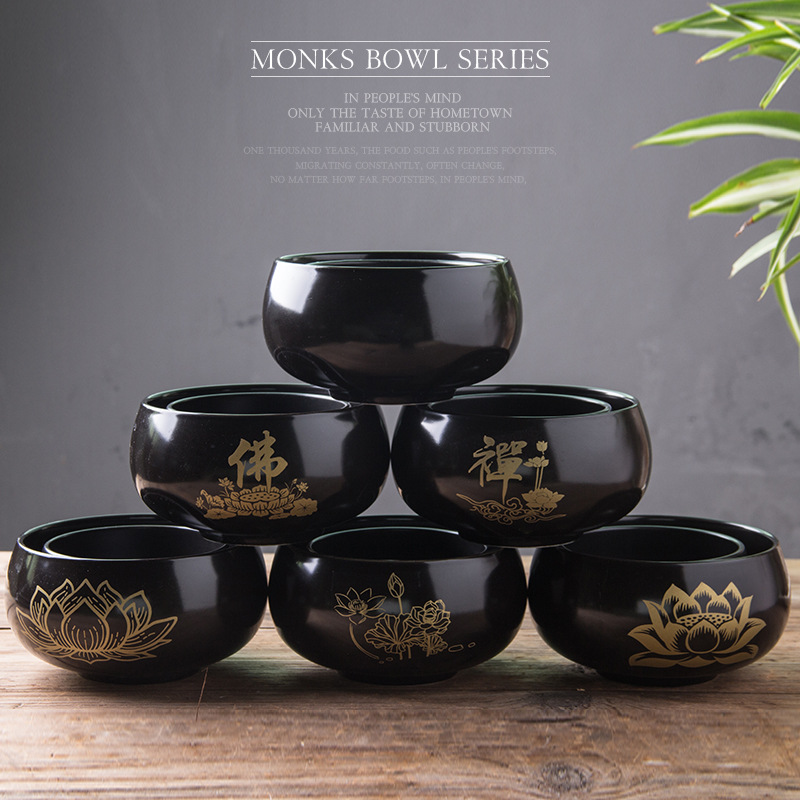 Tazón de monje de cerámica negro puro templo monje tazón de sopa tazón de arroz tazón de loto de regalo Jushi discípulo comer tazón