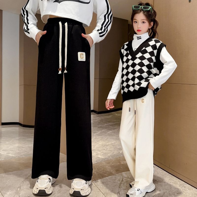 여자 캐주얼 스포츠 바지 기모 두꺼운 2024 가을 겨울 소녀 기모 스웨트 팬츠