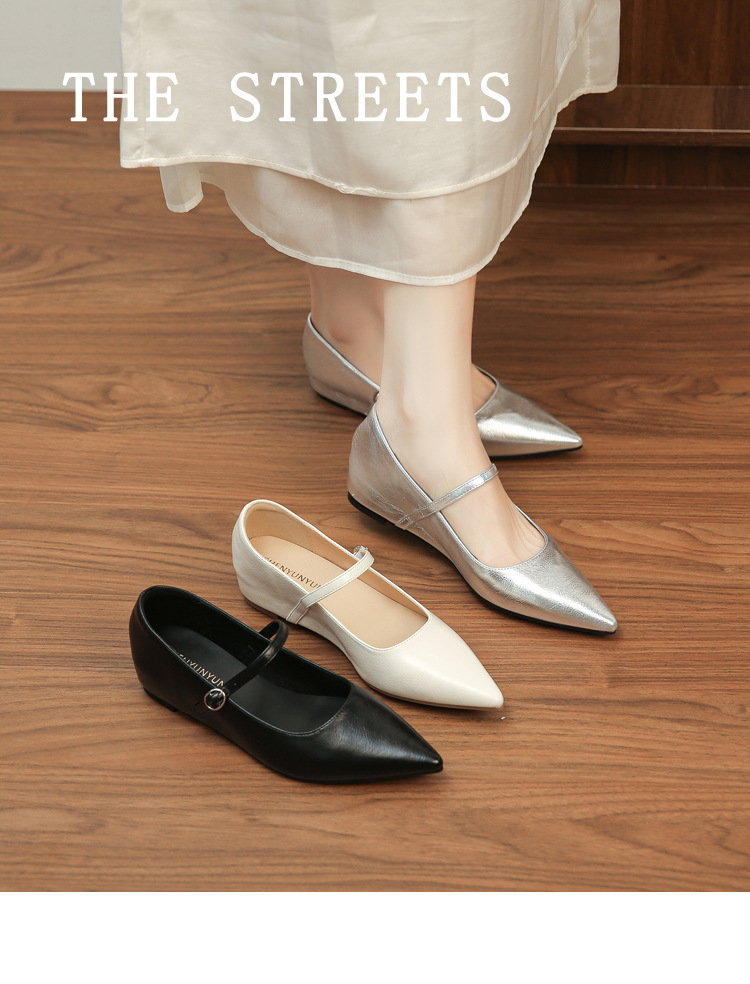 Giày ballet mũi nhọn đế bằng nâng cao bên trong, miệng nông, phong cách thanh lịch mùa xuân thu — đen chi tiết 1