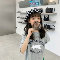 Girls gray cotton short-sleeved T-shirt 2023 summer new style medium and large children Korean cartoon printed half-sleeved top trendy