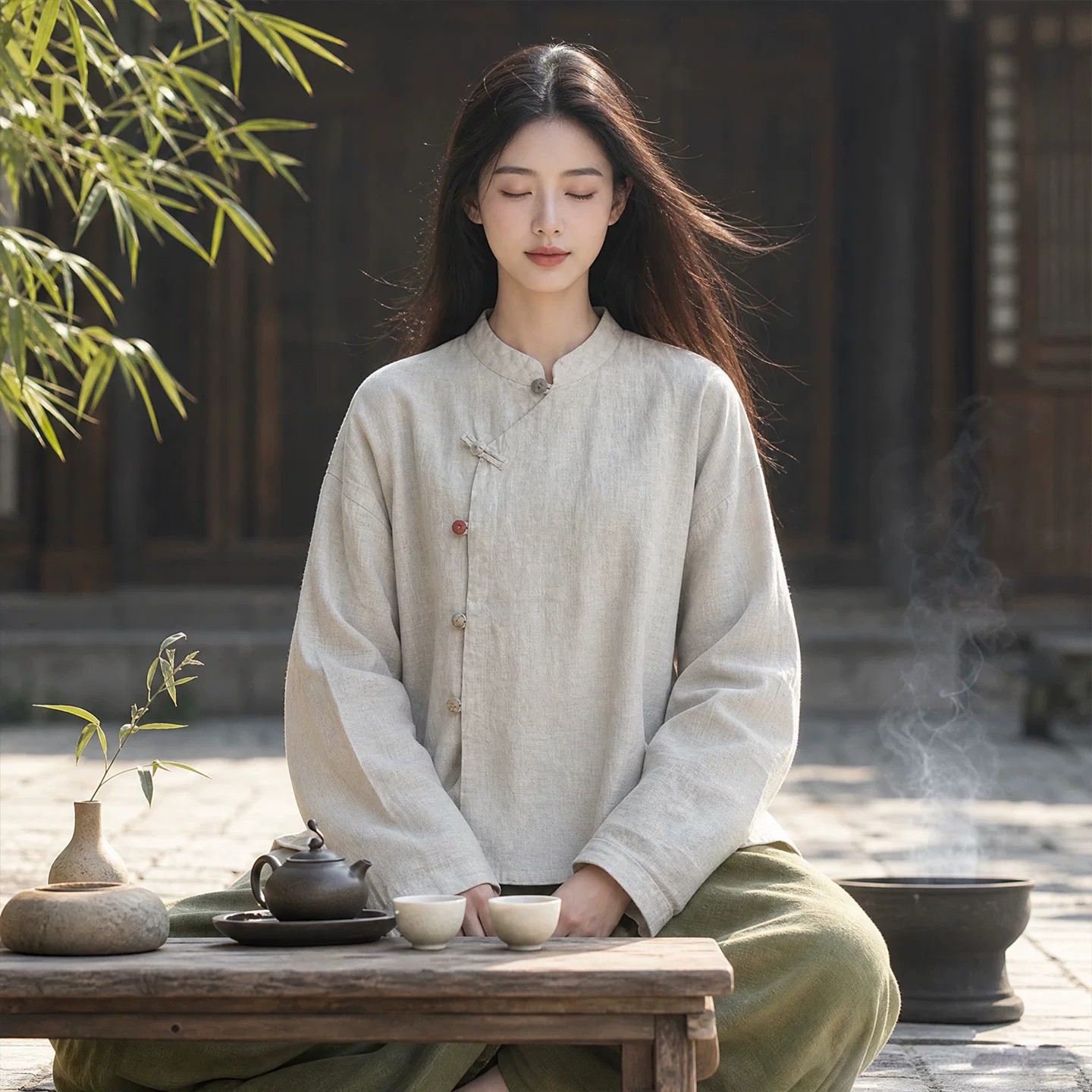 居士太极服女款春夏长袖棉麻打坐冥想疗愈师禅服女中国风禅修套装