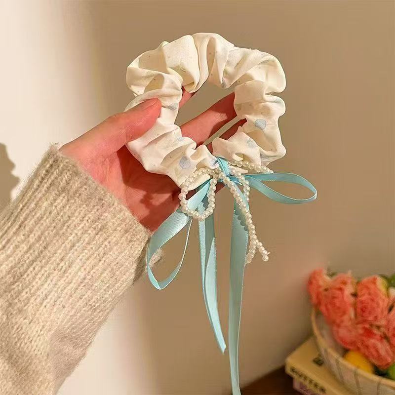 Al hair Ring 21 - Pearl Chain Silk Blue Ribbon