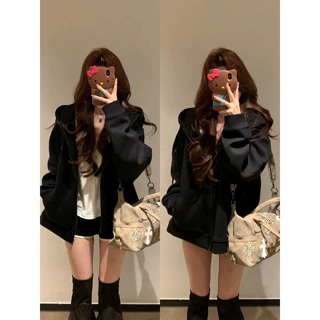 美式复古黑色连帽卫衣外套女2026秋冬季新款韩系休闲宽松开衫上衣