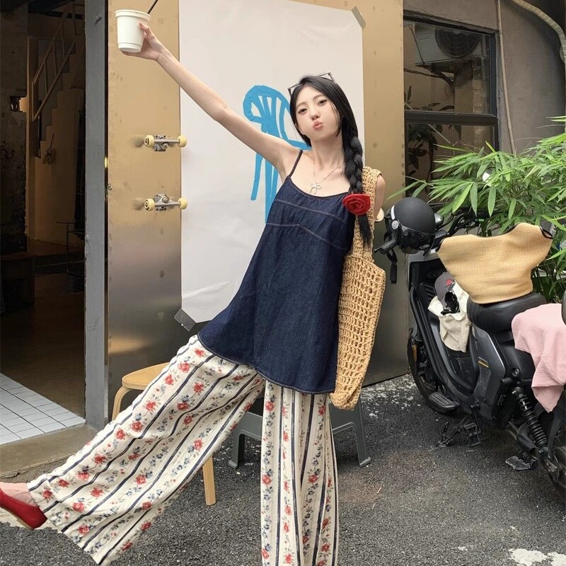 Fashionable Women's Loose Denim Camisole Top Summer Floral Wide-Leg Pants Casual Two-Piece Set Trendy
