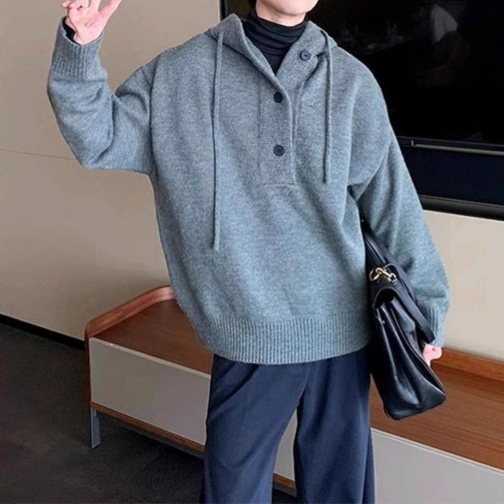 冬季半开衫连帽套头毛衣男款韩版简约纯色宽松休闲百搭针织衫上衣|undefined
