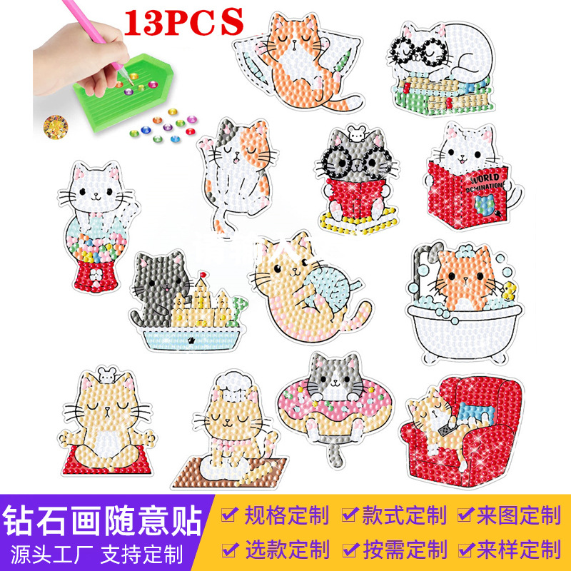 Pegatinas de Diamantes con Diseño de Gatito de Dibujos Animados para Paredes de Ladrillo, Pegatinas Infantiles, Decoración con Diamantes Redondos