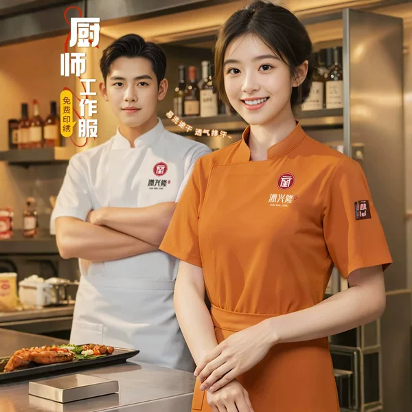 High-End Hotel Chef Work Clothes Short-Sleeved Elastic Breathable Catering Restaurant Kitchen Special Embroidery for Men and Women