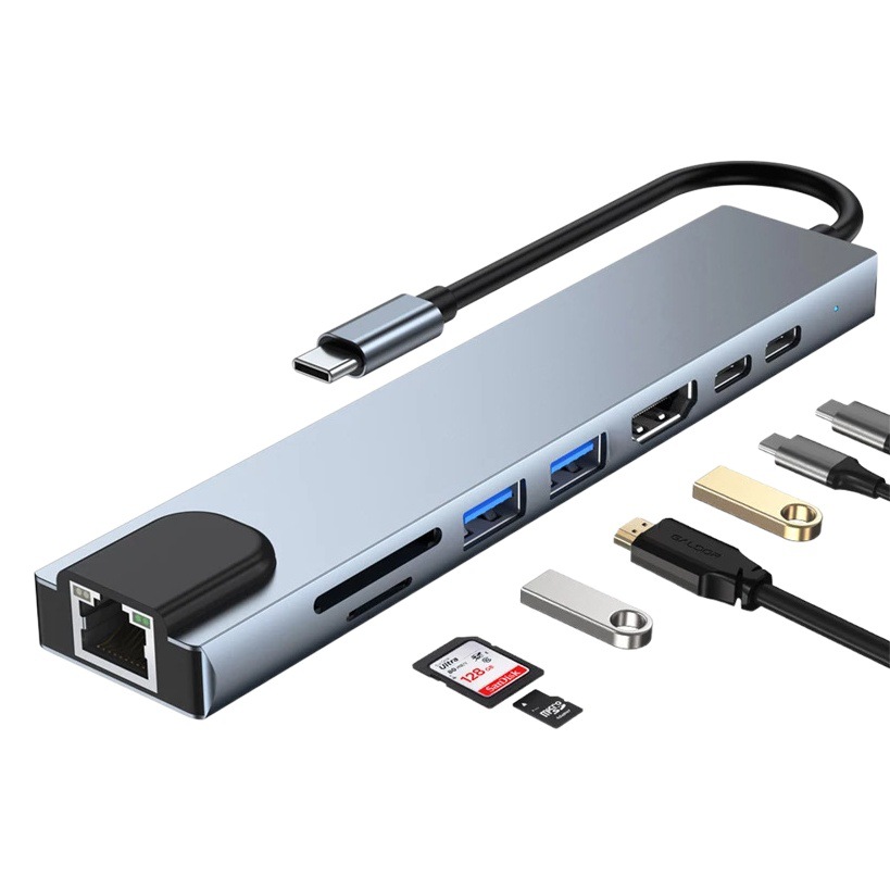 Fabricantes transfronterizos estación de acoplamiento ocho en uno tipo-c a la tarjeta de red HDMI multi-función portátil convertidor al por mayor
