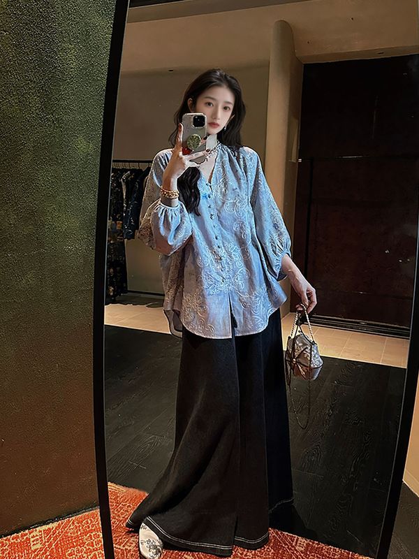秋季新中式国风灯笼袖刺绣晕染印花衬衫女气质高定小众上衣 N9035|undefined