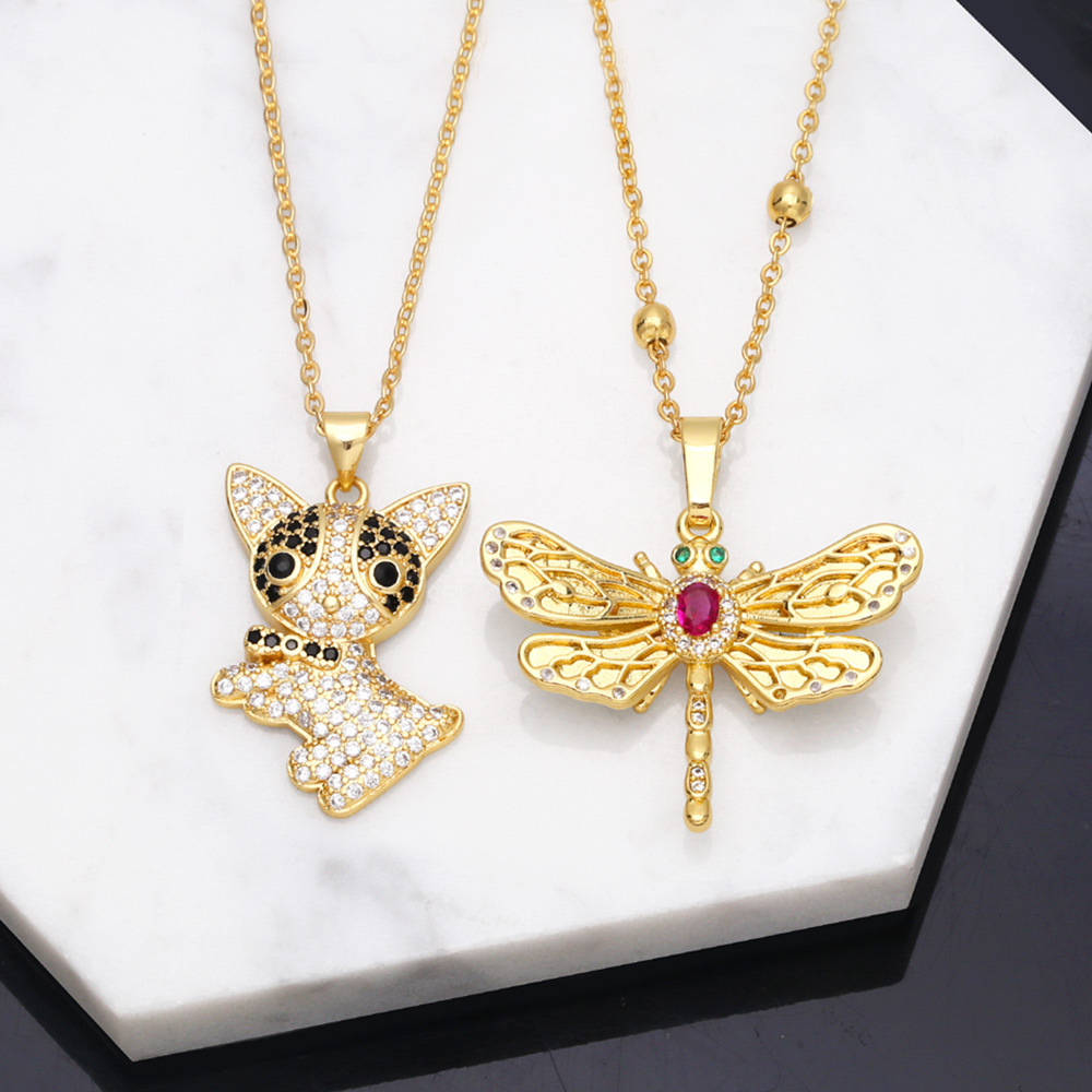 Cute Animal Puppy Pendant Copper 18K Gold-plated Inlaid Zircon Necklace