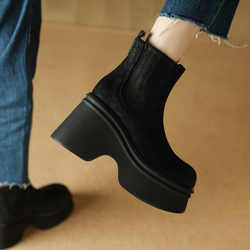 Giày boot Chelsea nữ cổ thun đế dày 10 cm chống nước mùa thu đông — đen, nâu sẫm