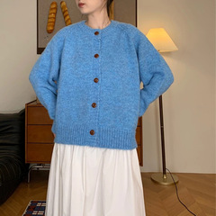韩版圆领纯色单排扣针织开衫女2025早秋新款宽松慵懒风毛衣外套潮