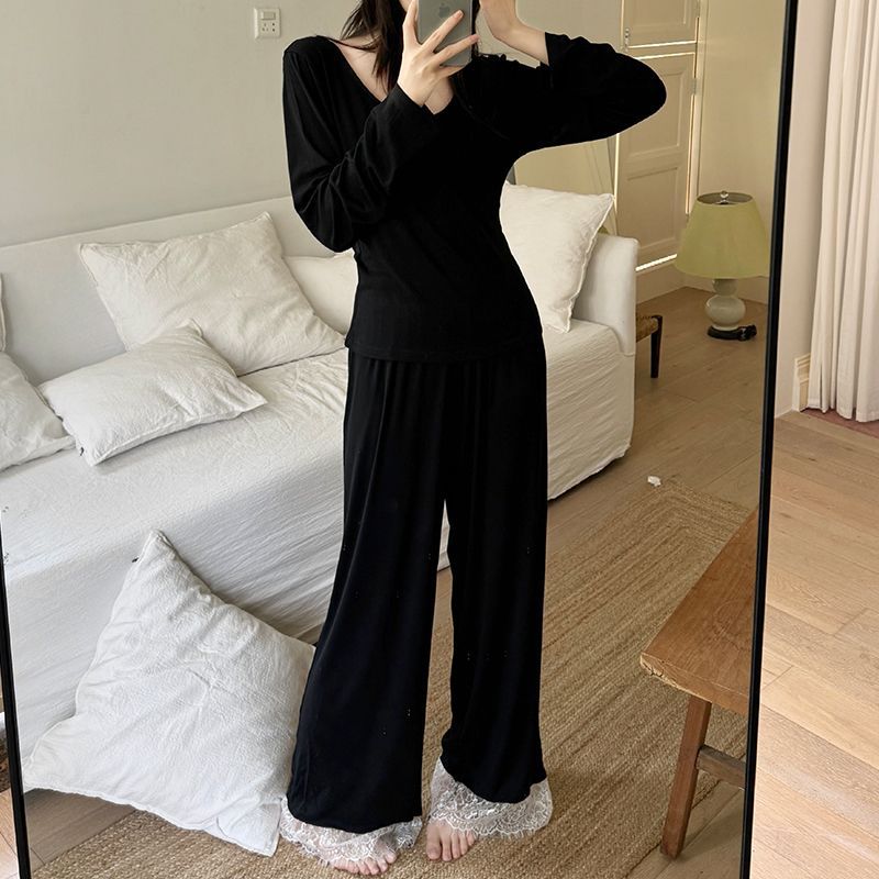 Cross-Border Wholesale Foreign Trade Autumn and Winter Colored Cotton Pajamas for Women Solid Color Thermal Underwear Temperature-Locking Simple Home Wear Set for Women