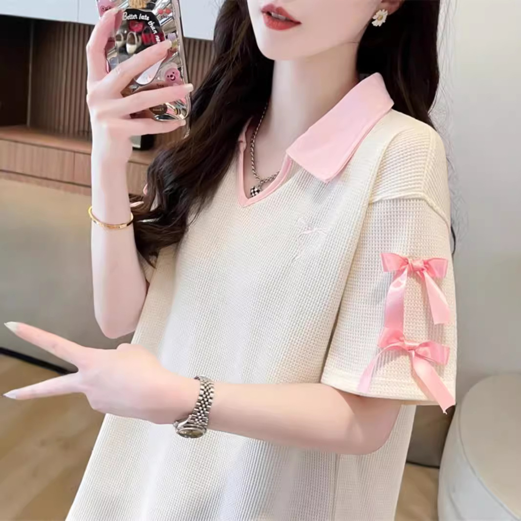 2-300 kg extra grande waffle polo cuello de polo camiseta de manga corta verano femenino nuevo estilo suelto y delgado pajarita top