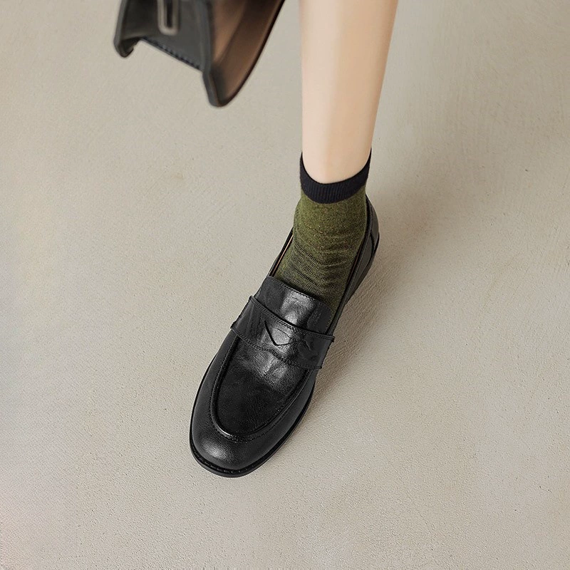 Туфли с круглой головой Lefu женские маленькие кожаные туфли простые дикие туфли на низком каблуке