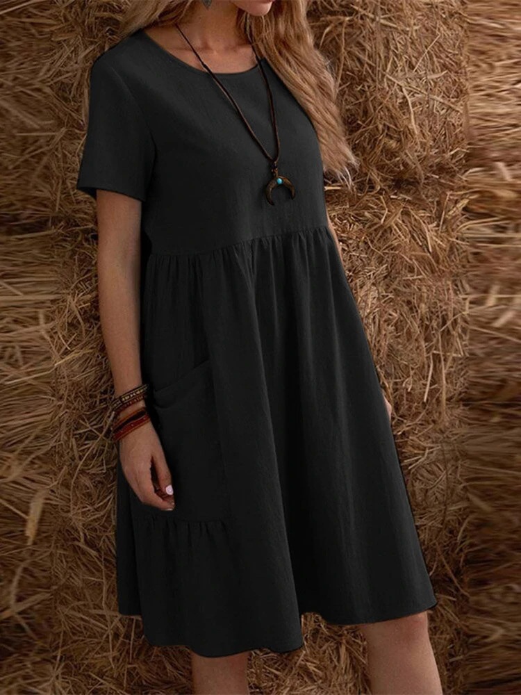 2026 Summer European And American Retro Loose Pocket Solid Color Round Neck Women's Dress_ecoleips.com