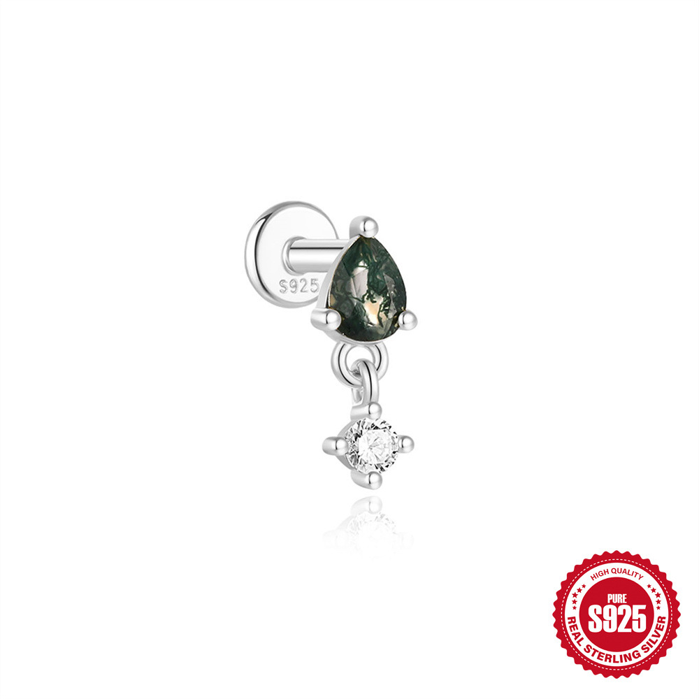 El nuevo s925 simple y moderno hierba de agua natural, uñas de hueso de oreja de ágata, personalidad de lujo ligera europea y americana, pendientes de piedra de musgo verde con incrustaciones