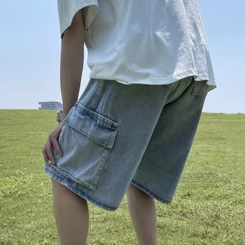 Men's Summer American Retro Knee-Length Six-Front Cargo Denim Shorts Loose Wide Leg Five-Front Pants