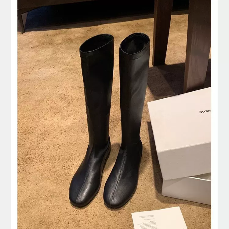 葡萄妈同款 时髦圆头柔软真皮弹力瘦瘦包腿靴百搭中筒靴女长筒靴